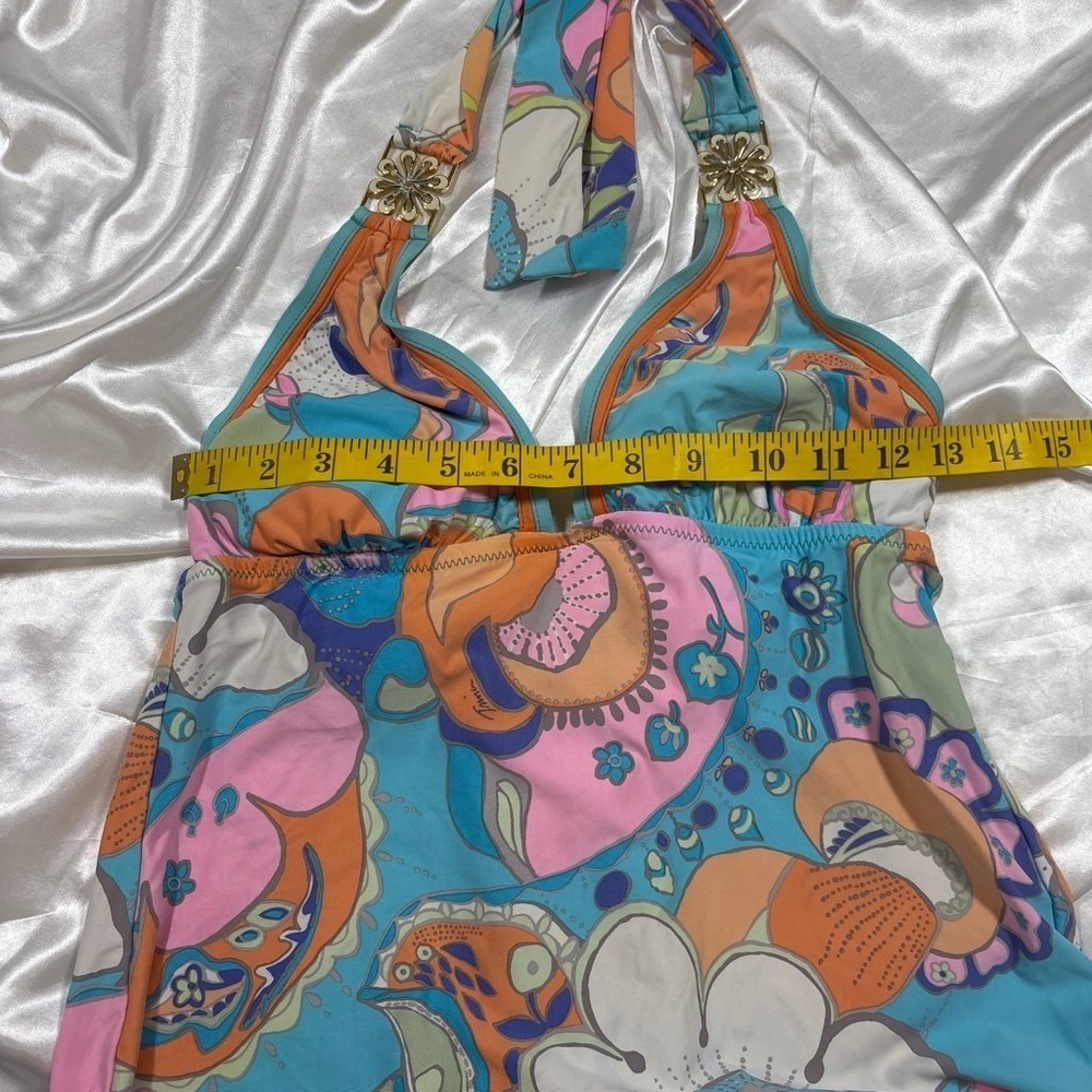 y2k Trina Turk Tankini Swimsuit Blue Psychedelic Floral Halter Set 6 - Picture 6 of 6